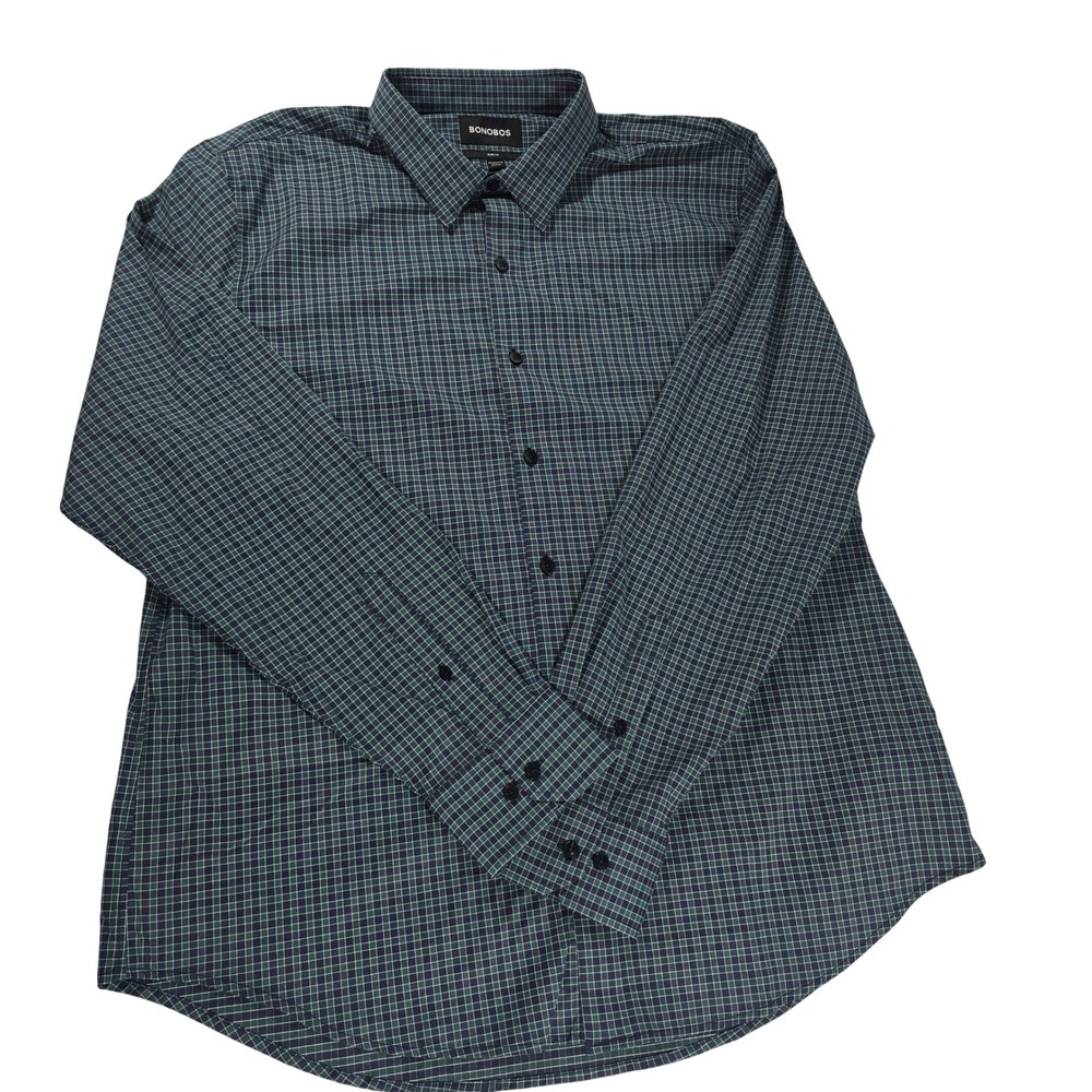 Bonobos Mens XXL Slim Fit Green Navy Blue Grid Check Performance Shirt 1903981